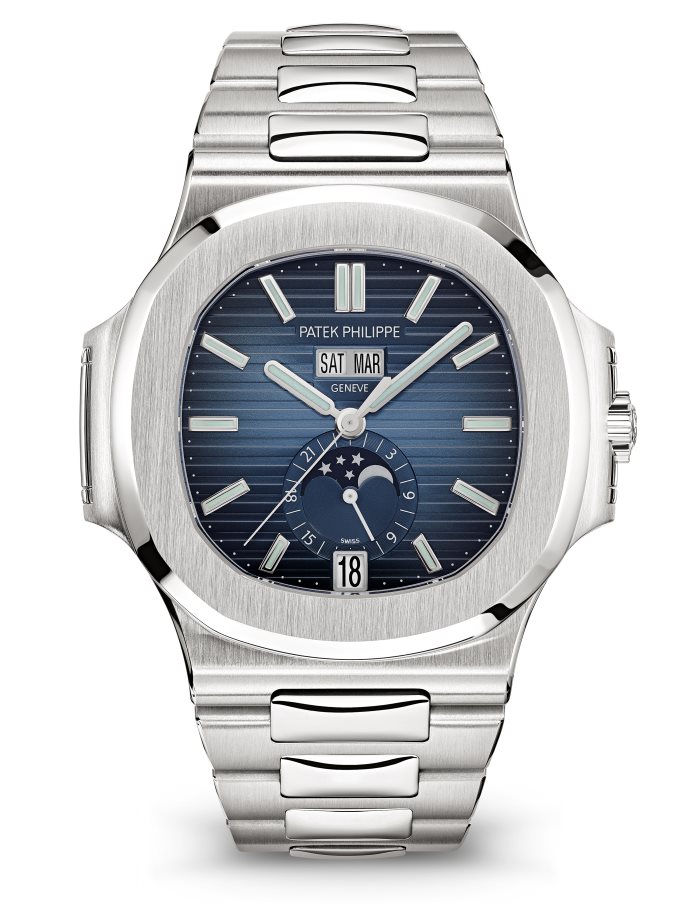 Patek Philippe Nautilus watch with blue face and moon phase complication