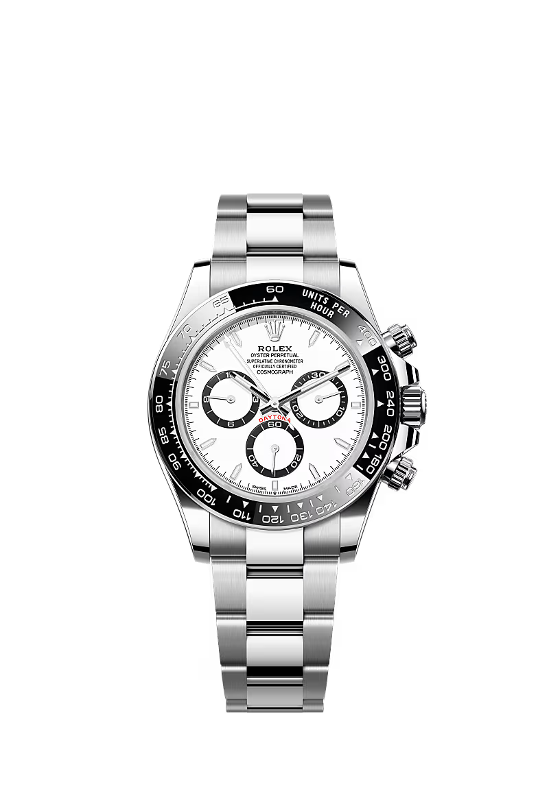 Rolex Cosmograph Daytona watch with white face and black chronograph subdials